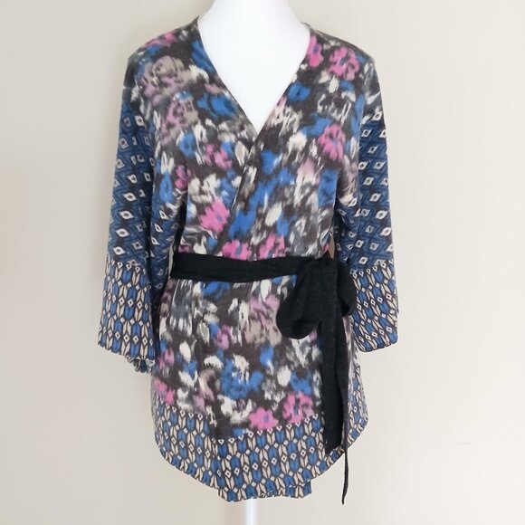 Anthropologie Guinevere Geo Fleur Kimono Open Front Sweater Pink & Blue Size M - Picture 1 of 6